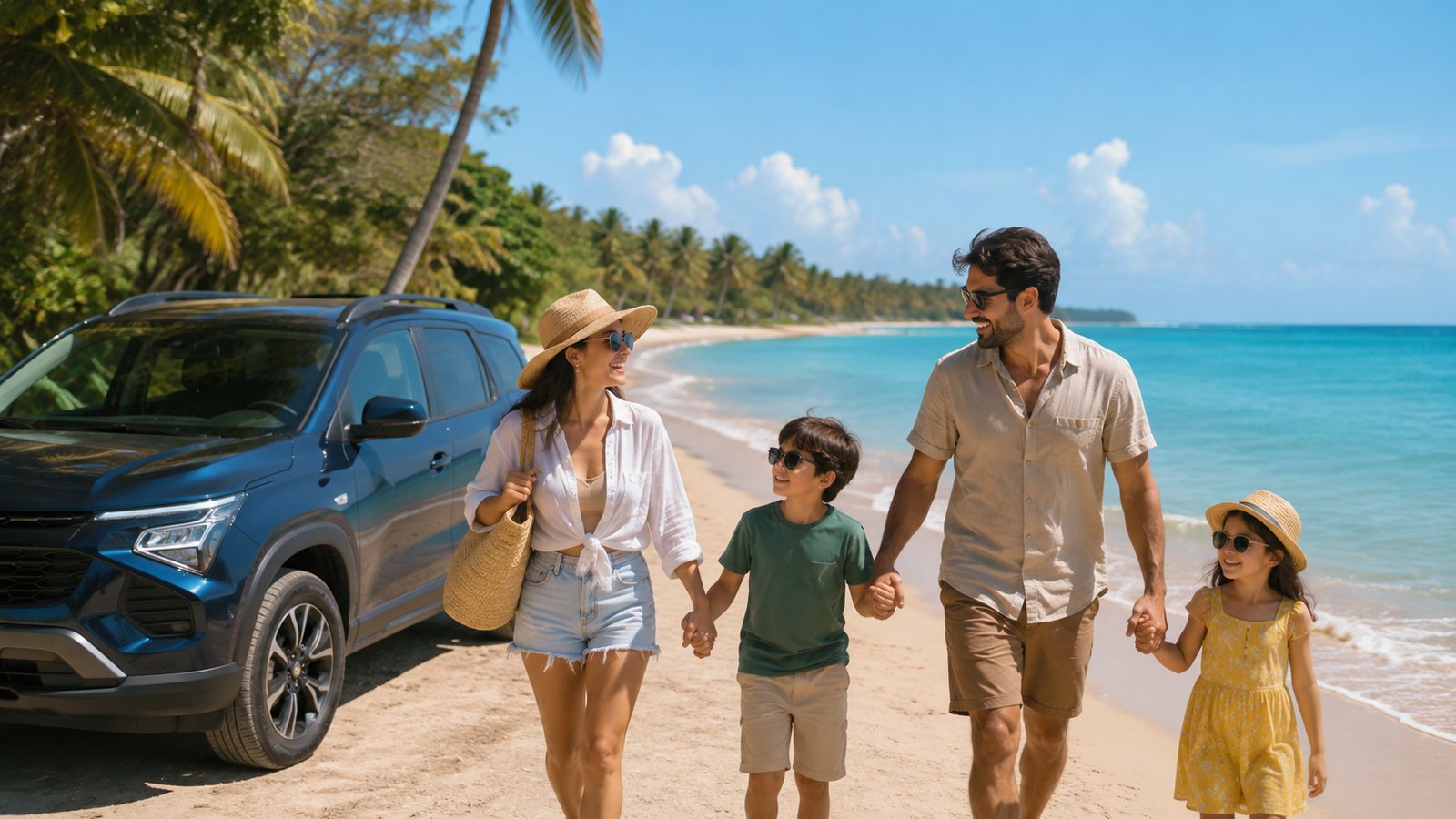 Família na praia ao lado de carro em Porto Seguro